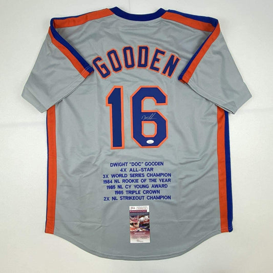 Autographed/Signed Dwight Doc Gooden New York NY Grey Stat Baseball Jersey JSA COA