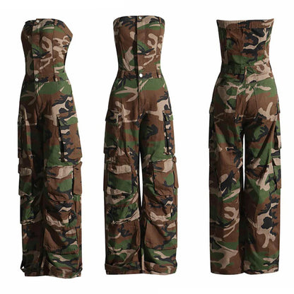 Voghtic Womens Camo Cargo Denim Jumpsuit Off Shoulder Sleeveless Loose Baggy Wide Leg Camouflage Rompers Overalls