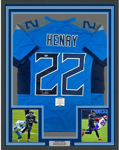 Framed Autographed/Signed Derrick Henry 35x39 Tennessee Titans Light Blue Football Jersey Beckett BAS COA