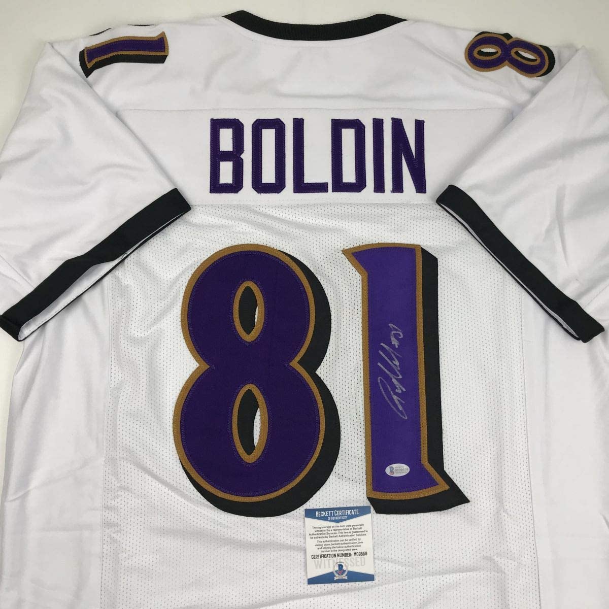Autographed/Signed Anquan Boldin Baltimore White Football Jersey Beckett BAS COA