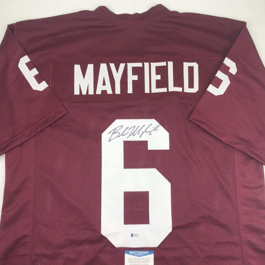 Autographed/Signed Baker Mayfield Oklahoma Crimson College Football Jersey Beckett BAS COA