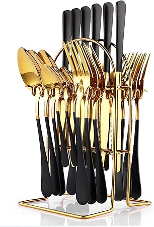 24 Pieces Flatware Set, Caliamary Stainless Steel Flatware Set with Silverware Holder Spoons Forks Knives, Utensils Set Service for 6, Gold Mirror Polished and Matte Pink Painted (Black)Š—_