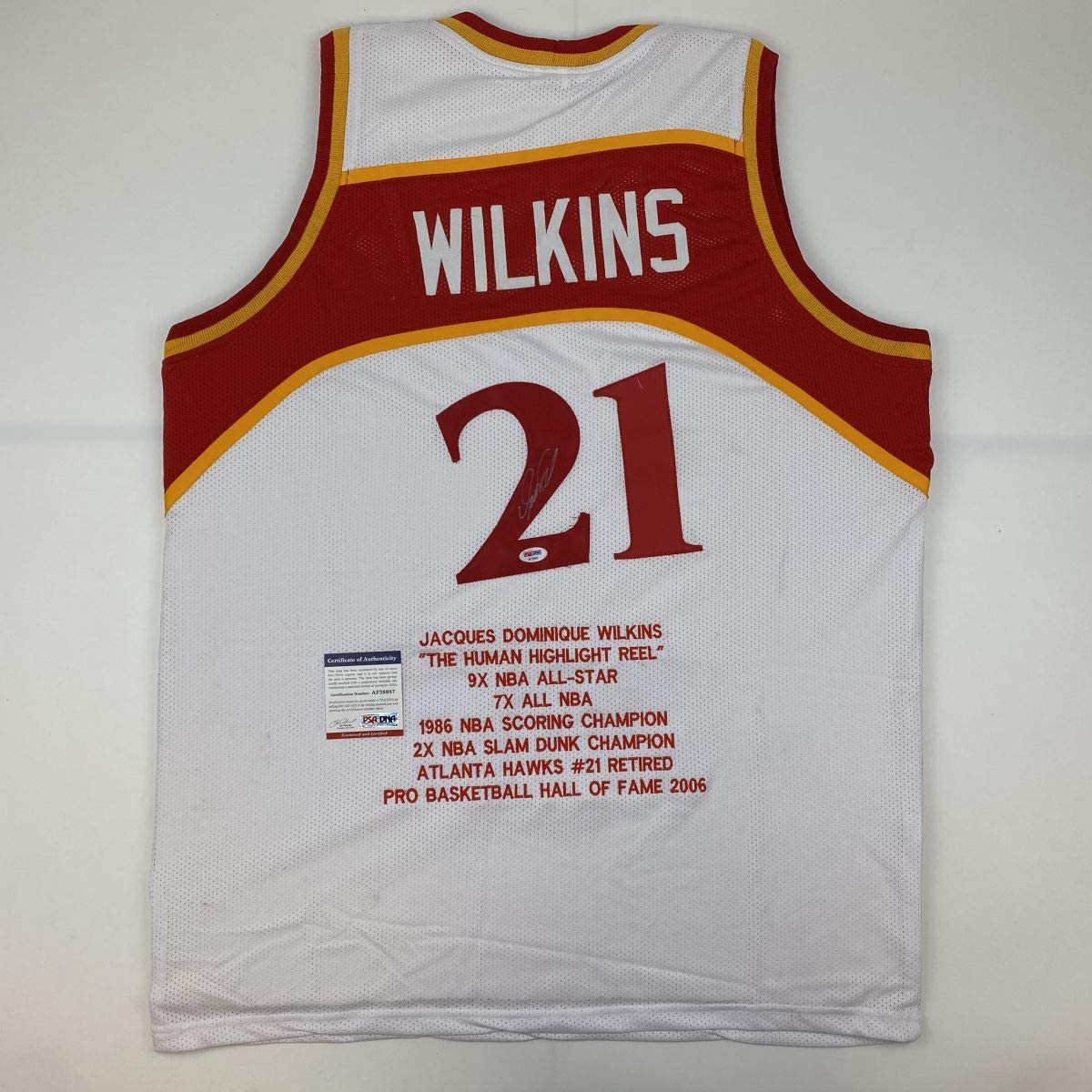 Autographed/Signed Dominique Wilkins Atlanta White Stat Basketball Jersey PSA/DNA COA