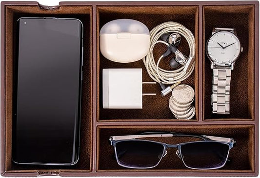 Mens Valet Tray for Nightstand Bedside and Entry Table Faux Leather Catchall Tray for Phone, Watch, Glasses, Wallet, Jewelry and Keys Dresser Organizer Valet Charging Station Gifts for Dad (All Brown)