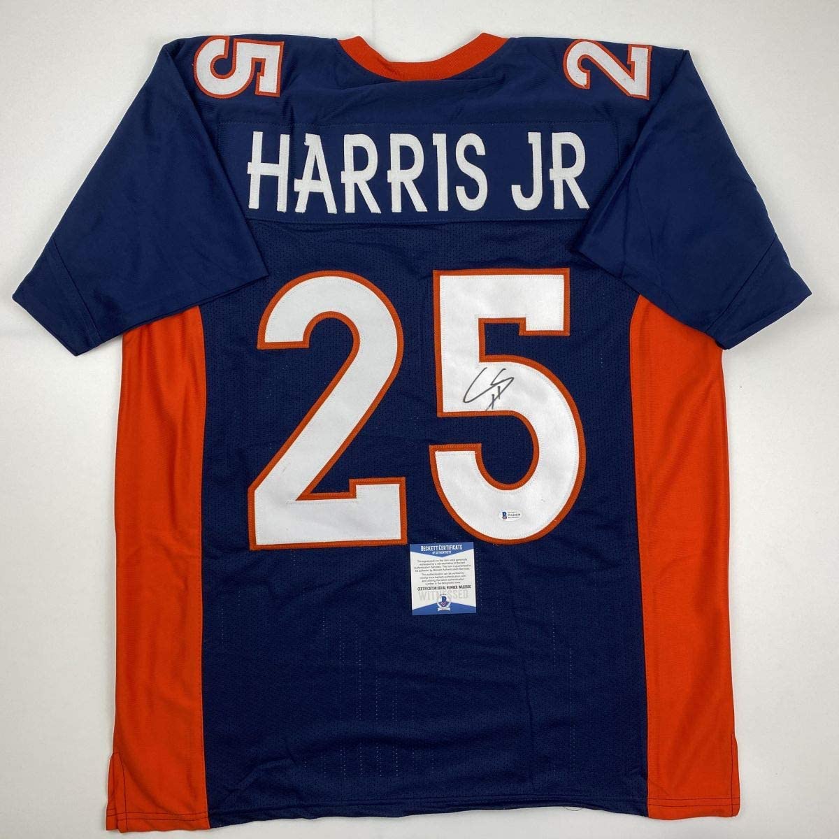 Autographed/Signed Chris Harris Jr. Denver Blue Football Jersey Beckett BAS COA