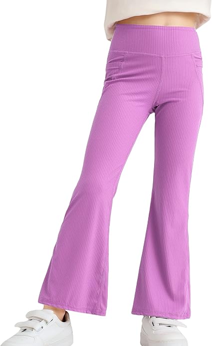Girls' Flare Leggings with Pockets Trendy Girls' Ribbed Knit Bell Bottoms High Waisted Yoga Pants Black for 4-12Years