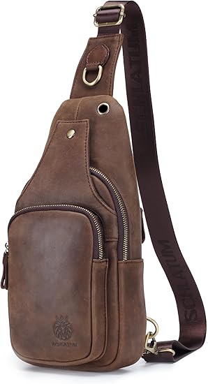 Sling Bag for Men Genuine Leather Small Crossbody Bag Men Casual Chest Bag Sling Backpack with USB Cable Hole, Coffee