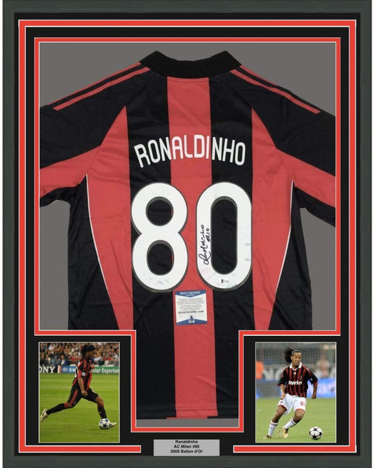 Framed Autographed/Signed Ronaldinho 35x39 AC Milan Red/Black Soccer Futbol Jersey Beckett BAS COA