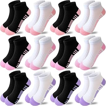 Bemeol Girls Socks 12 Pairs Ankle Socks Girls Athletic Cotton Sports Socks Low Cut Socks For Little Big Kids