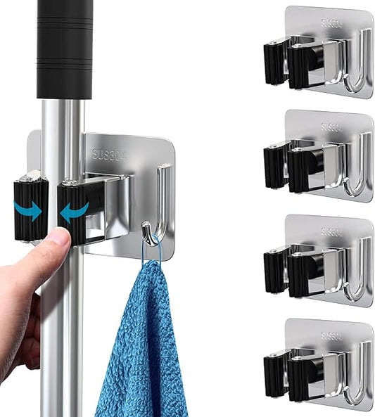 Mop Broom Holder No Drill, Mop Broom Organizer Wall Mounted Heavy Duty with Hooks Hanger, Self Adhesive Stainless Steel 4Pcs for Bathroom, Kitchen, Office (Silver)