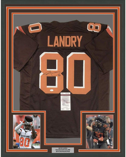 Framed Autographed/Signed Jarvis Landry 35x39 Cleveland Brown Football Jersey JSA COA