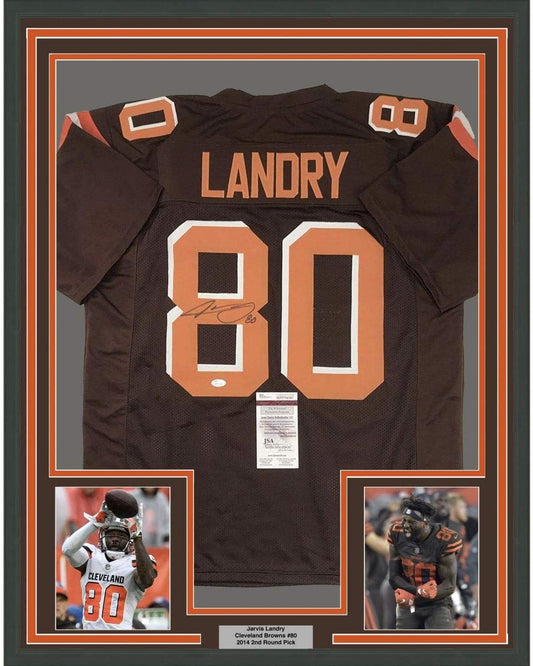Framed Autographed/Signed Jarvis Landry 35x39 Cleveland Brown Football Jersey JSA COA