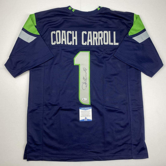 Autographed/Signed Coach Pete Carroll Seattle Blue Football Jersey Beckett BAS COA