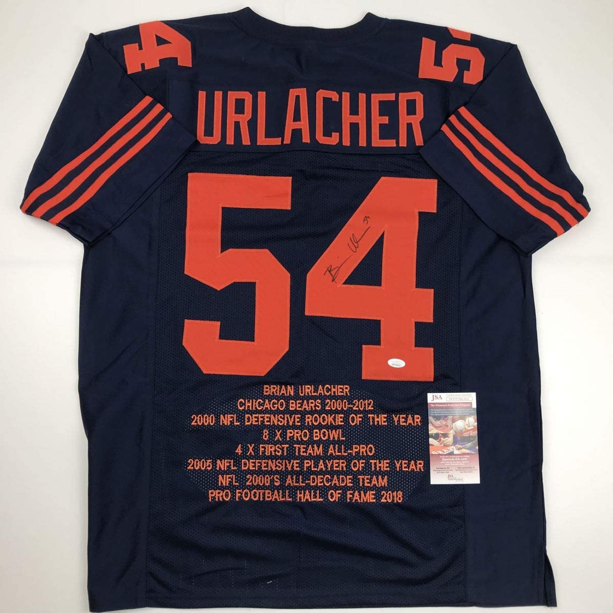 Autographed/Signed Brian Urlacher Chicago Retro Blue Stat Football Jersey JSA COA