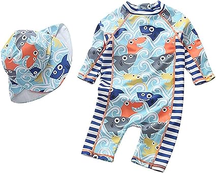 Baby Boys Toddler Long Sleeve One Piece Swimsuit Bathing Suit with Sun Hat Rash Guard Surfing Suit UPF 50+ 3 Months-4 Years