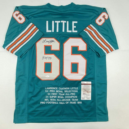 Autographed/Signed Larry Little HOF 93 Miami Teal Stat Football Jersey JSA COA