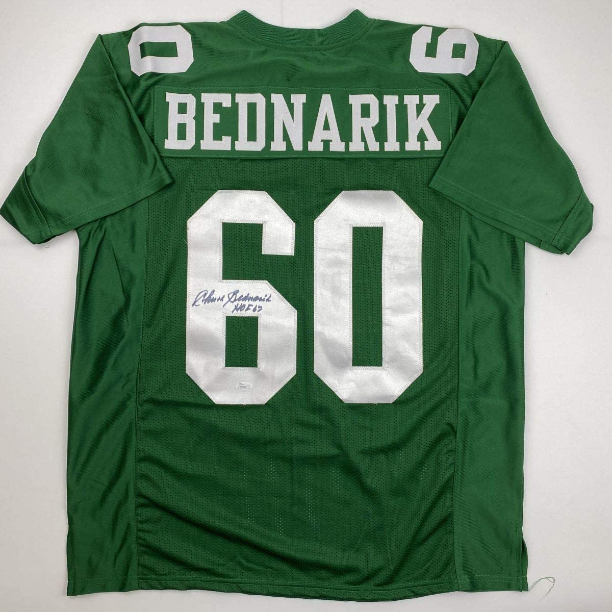 Autographed/Signed Chuck Bednarik HOF 67 Philadelphia Kelly Green Football Jersey JSA COA