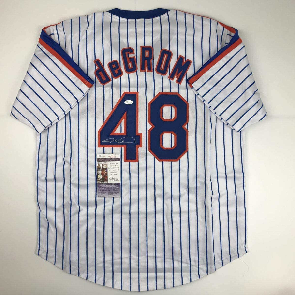 Autographed/Signed Jacob DeGrom New York NY Pinstripe Baseball Jersey JSA COA