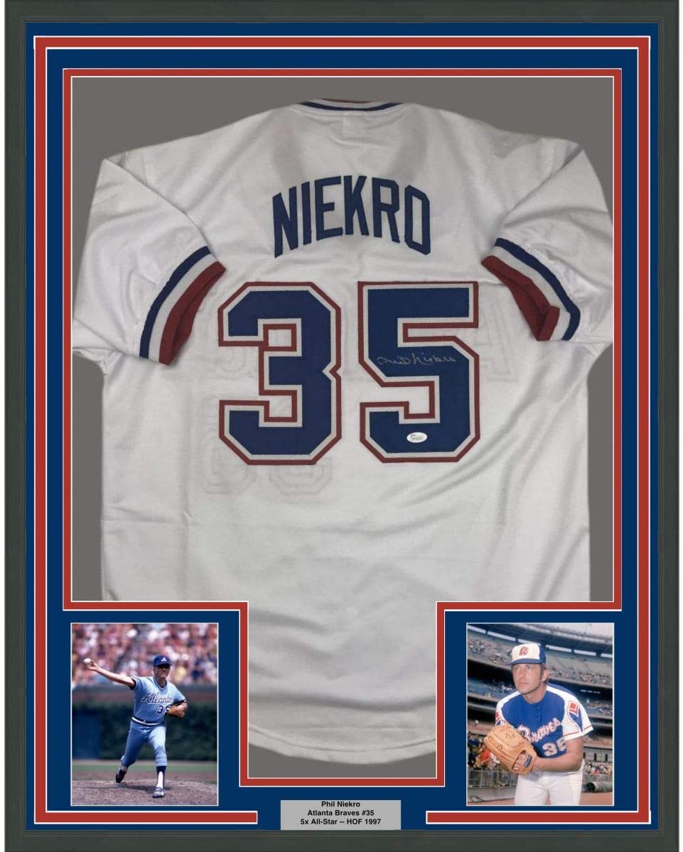 Framed Autographed/Signed Phil Niekro 35x39 Atlanta White Baseball Jersey JSA COA