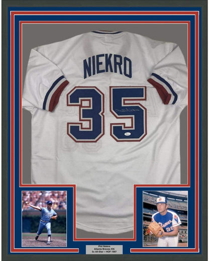 Framed Autographed/Signed Phil Niekro 35x39 Atlanta White Baseball Jersey JSA COA