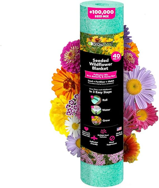 Growtrax Pollinator Wildflower Seed Mix & Sunflower Blend - 40 sq ft - Easy Plant Seeds & Flower Bulbs - Spring Mix, Zinnia, Tulips, Bluebonnet - Attracts Bees, Eden-Like Garden in Sun-Partial Shade