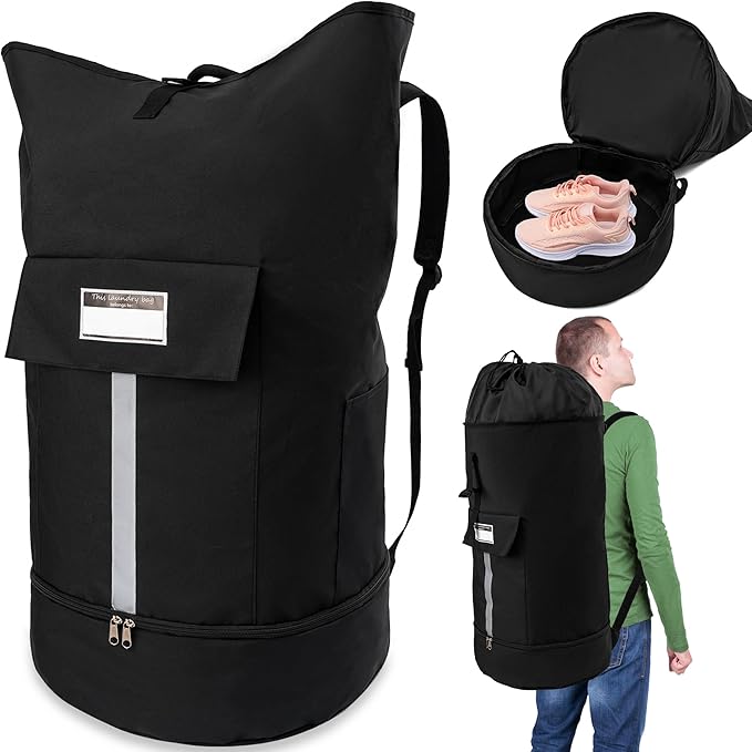 Backpack Laundry Bag, Extra Large Laundry Hamper Bag with Shoe Compartment & 3 Pockets Black Sturdy Hanging Laundry Travel Bag with Straps College Dorm Room Essentials for Camp Apartment