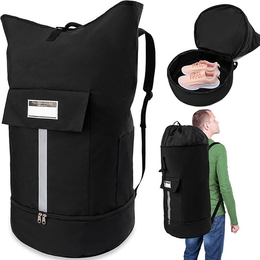 Backpack Laundry Bag, Extra Large Laundry Hamper Bag with Shoe Compartment & 3 Pockets Black Sturdy Hanging Laundry Travel Bag with Straps College Dorm Room Essentials for Camp Apartment