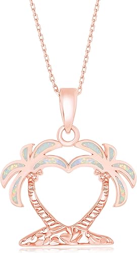 Beaux Bijoux Created Blue/White Opal Heart Shaped Palm Tree Silver/14k Gold/14k Rose Gold Plated Sterling Silver Pendant 18_Ü__Ü_ Necklace Jewelry for Women or Teens