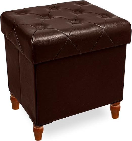 CAROLMADE Folding Storage Ottoman Cube PU Leather Footstool with Wood Legs Toy Storage for Living Room and Bedroom Brown, 15"x12.6"x15.4Š—�