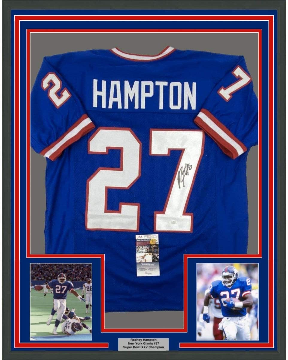 Framed Autographed/Signed Rodney Hampton 35x39 New York Blue Football Jersey JSA COA