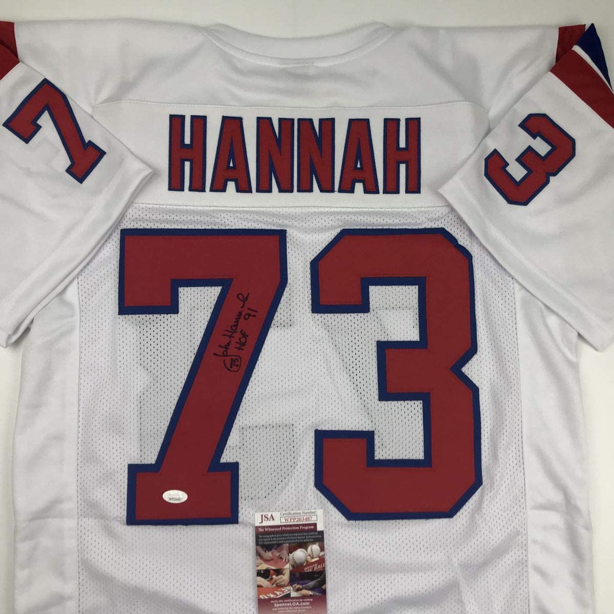 Autographed/Signed John Hannah HOF 91 New England White Football Jersey JSA COA