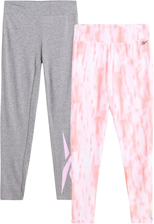 Reebok Girls' Leggings - 2 Pack Active Performance Sports Tights (Size: 7-16), Size 8-10, Neon Tie Dye/Heather Grey