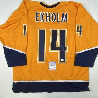 Autographed/Signed Mattias Ekholm Nashville Yellow Hockey Jersey PSA/DNA COA