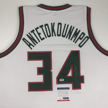 Autographed/Signed Giannis Antetokounmpo Milwaukee Retro White Basketball Jersey PSA/DNA COA
