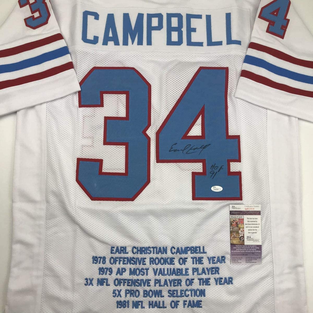 Autographed/Signed Earl Campbell HOF 91 Houston White Stat Football Jersey JSA COA
