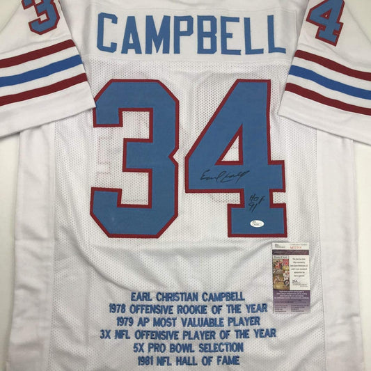 Autographed/Signed Earl Campbell HOF 91 Houston White Stat Football Jersey JSA COA