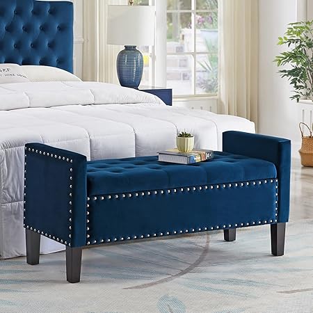 24KF Velvet Modern Upholstered Tufted Button Storage Bench with Arms for Bedroom, Entryway Living Room Soft Padded Seat-Navy