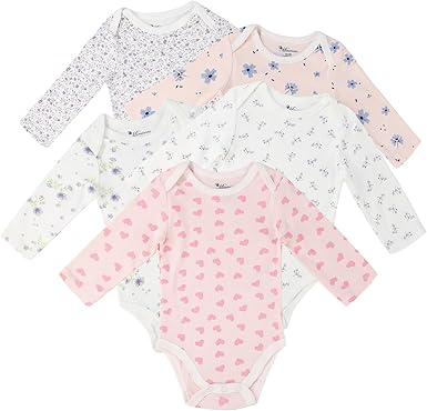 Baby Girls Long-Sleeve Bodysuit, 100% Cotton 5 Pack of Baby Girls Onesie, 0-24 Months Soft Baby Girls Clothes