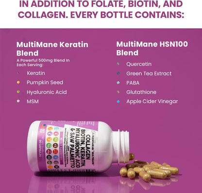 Collagen Pills 1000mg Biotin 10000mcg Keratin Saw Palmetto 2500mg Hyaluronic Acid - Hair Skin and Nails Vitamins and DHT Blocker with Vitamin E Folic Acid Pumpkin Seed MSM Made in USA - 90 Count