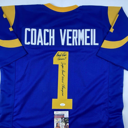 Autographed/Signed Dick Vermeil Super Bowl XXXIV St. Louis Royal Blue Football Jersey JSA COA