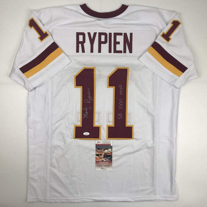 Autographed/Signed Mark Rypien SB XXVI MVP Washington White Football Jersey JSA COA