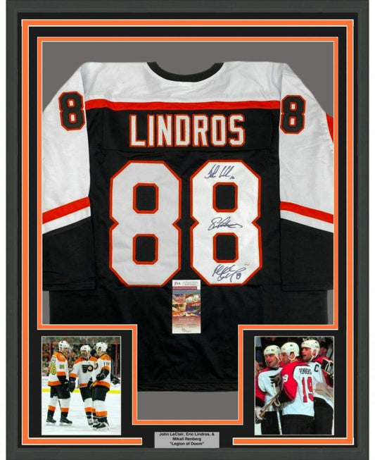 Framed Autographed/Signed Legion of Doom Eric Lindros, John LeClair & Mikail Renberg 35x39 Philadelphia Black Hockey Jersey JSA COA