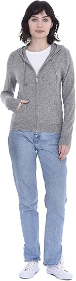 Cashmeren Women‰۪s Full Zip Drawstring Hoodie with Pockets 100% Pure Cashmere Long Sleeve Zipped Down Sweater