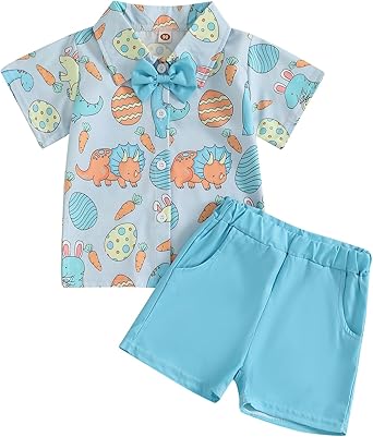 Hnyenmcko Toddler Baby Boy Easter Outfit Short Sleeve Bunny Print Button Down Shirt Solid Shorts 2Pcs Summer Clothes Set