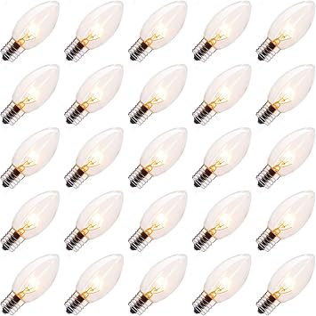 25 Pack 7W Clear Incandescent E17 Bulbs for Christmas String Lights - C9 Replacement Bulbs