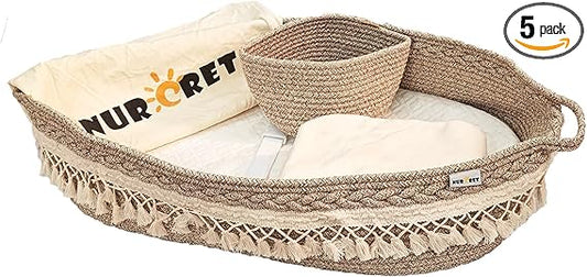 Baby Changing Basket, Portable Changing Table Topper for Dresser, Handmade Cotton Rope Moses Basket and Caddy Organizer, Newborn Nursery Decor, Waterproof Foam Diaper Pad Cover, Brown