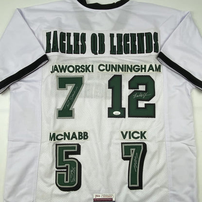 Autographed/Signed Eagles QB Legends McNabb Cunningham Vick Jaworski Philadelphia White Football Jersey JSA COA