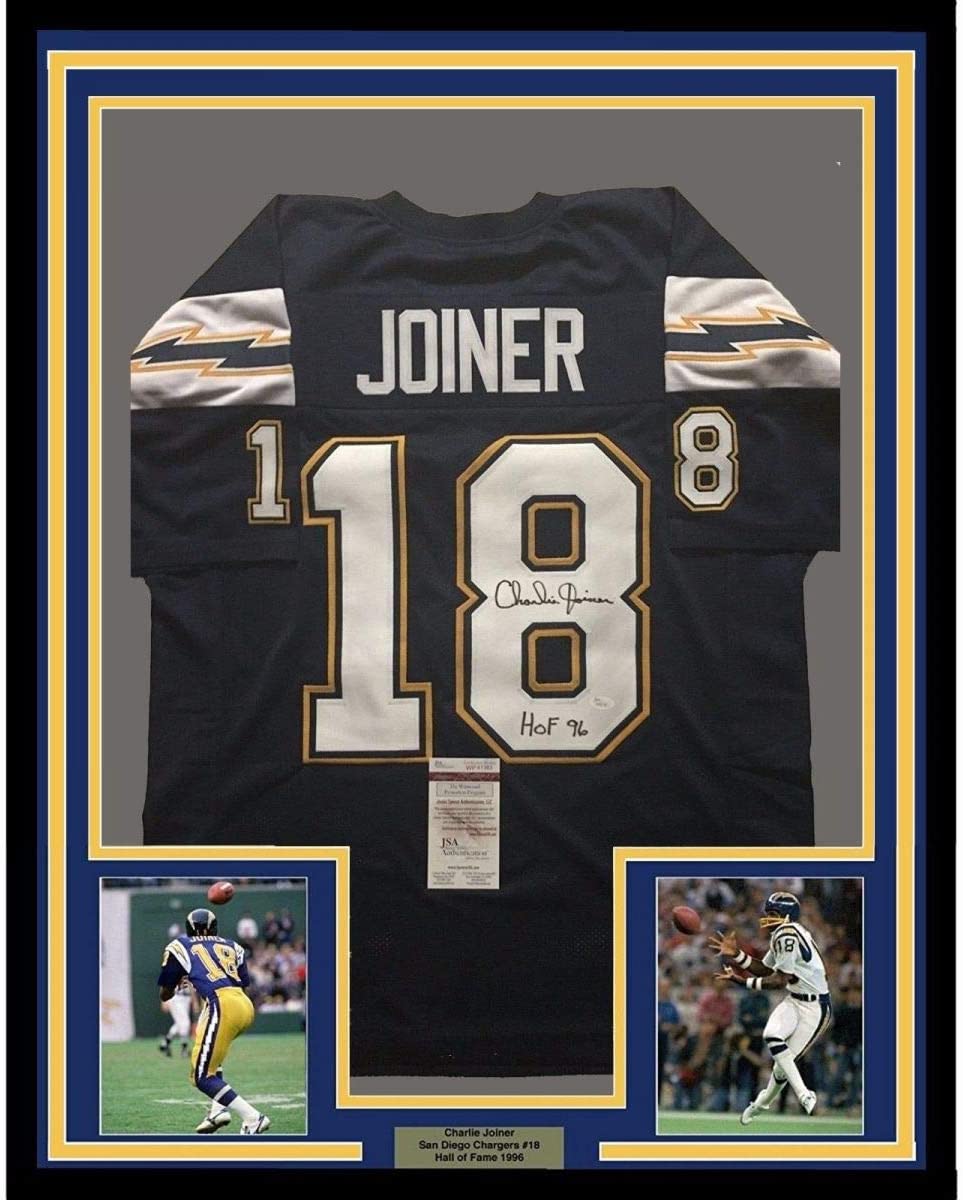Framed Autographed/Signed Charlie Joiner HOF 96 35x39 San Diego Chargers Dark Blue Football Jersey JSA COA