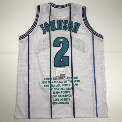 Autographed/Signed Larry Johnson Charlotte White Stat Basketball Jersey PSA/DNA COA