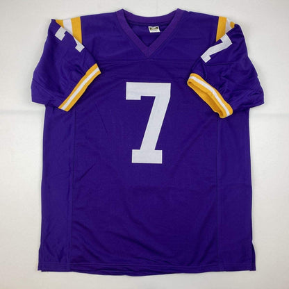 Autographed/Signed Tyrann Mathieu Inscribed Honey Badger LSU Purple College Football Jersey PSA/DNA COA